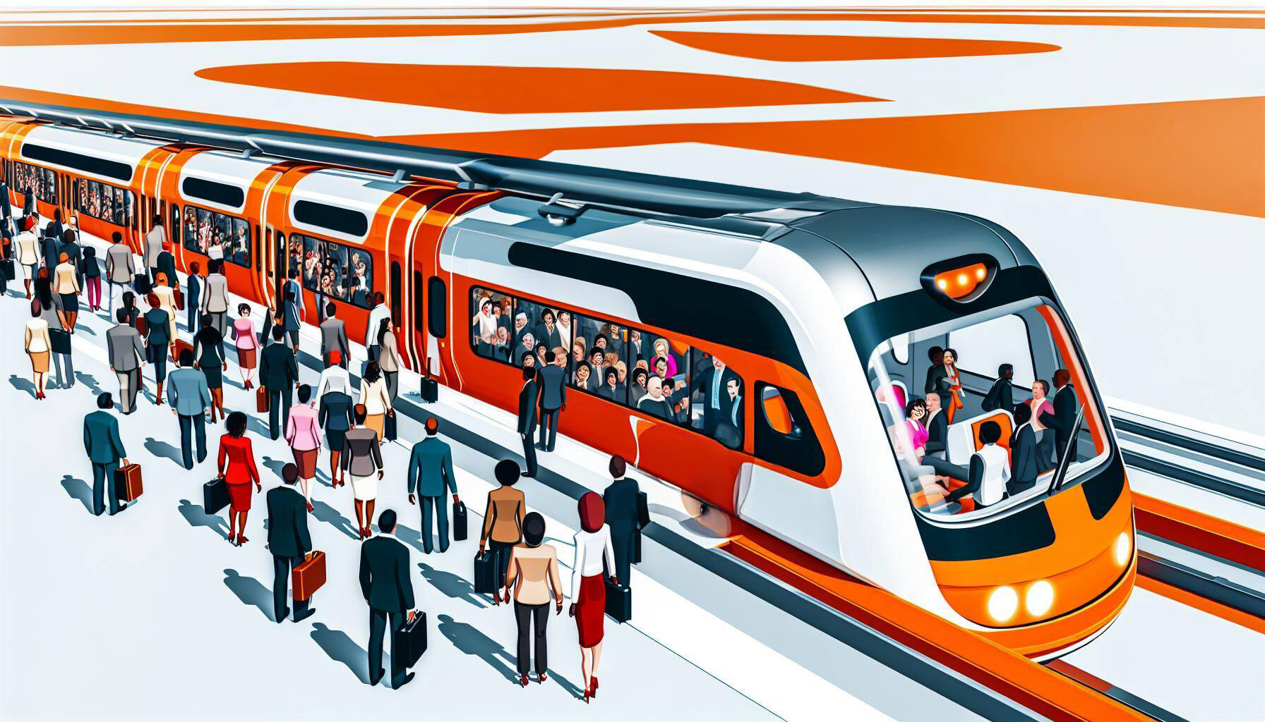 People boarding a white and orange futuristic train